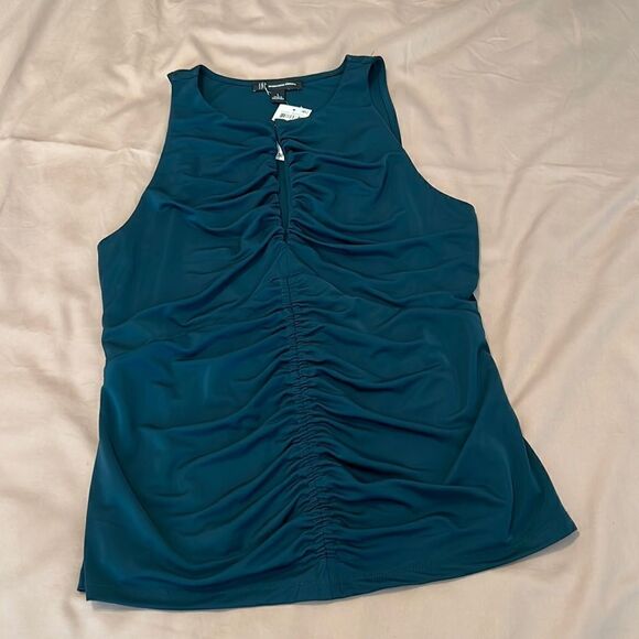 INC NWT szL Dark teal sleeveless gathered keyhole lined front top - Picture 2 of 10